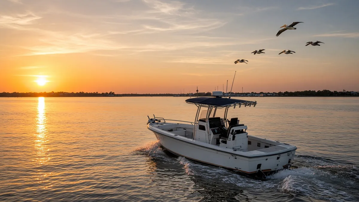 Center-console fishing boat on Galveston Bay at sunrise with pelicans overhead