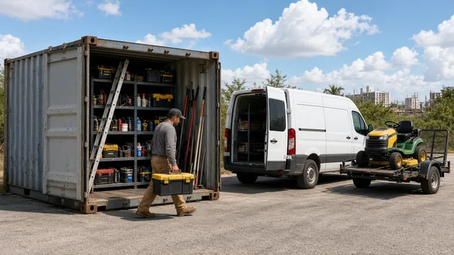 Contractor carrying a toolbox from a shelved storage container next to a work van and mower trailer