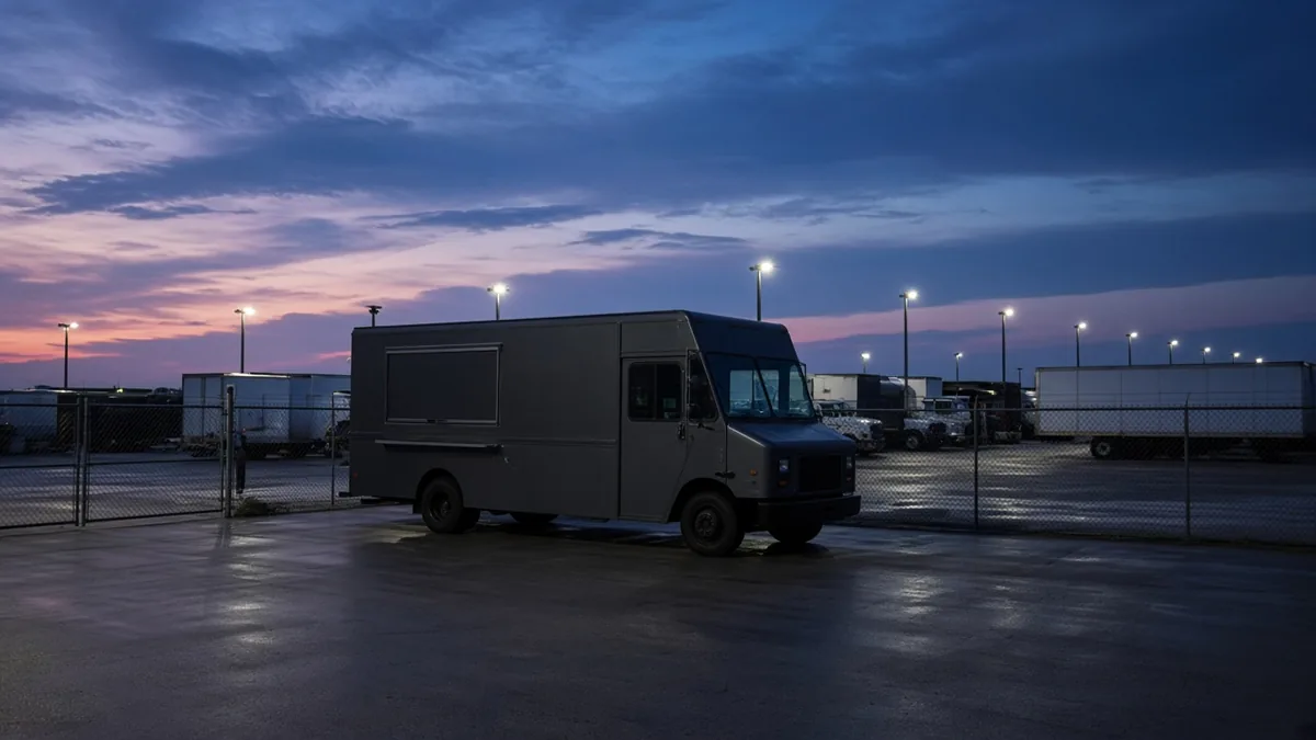 Food truck parked overnight in a fenced, lit storage lot in Houston at dusk