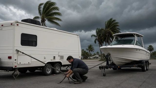 Owner strapping down an RV and boat trailer as storm clouds gather over Houston