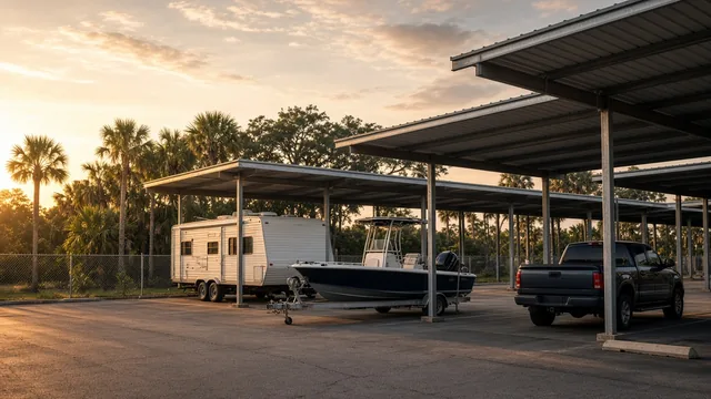 Travel trailer, bay boat and pickup parked under covered storage stalls at sunset in southeast Houston