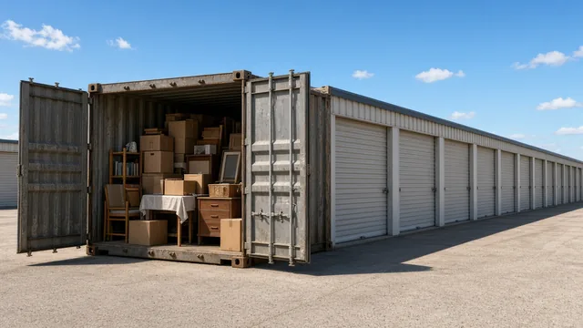 Open shipping container packed with boxes and furniture beside a row of roll-up storage units