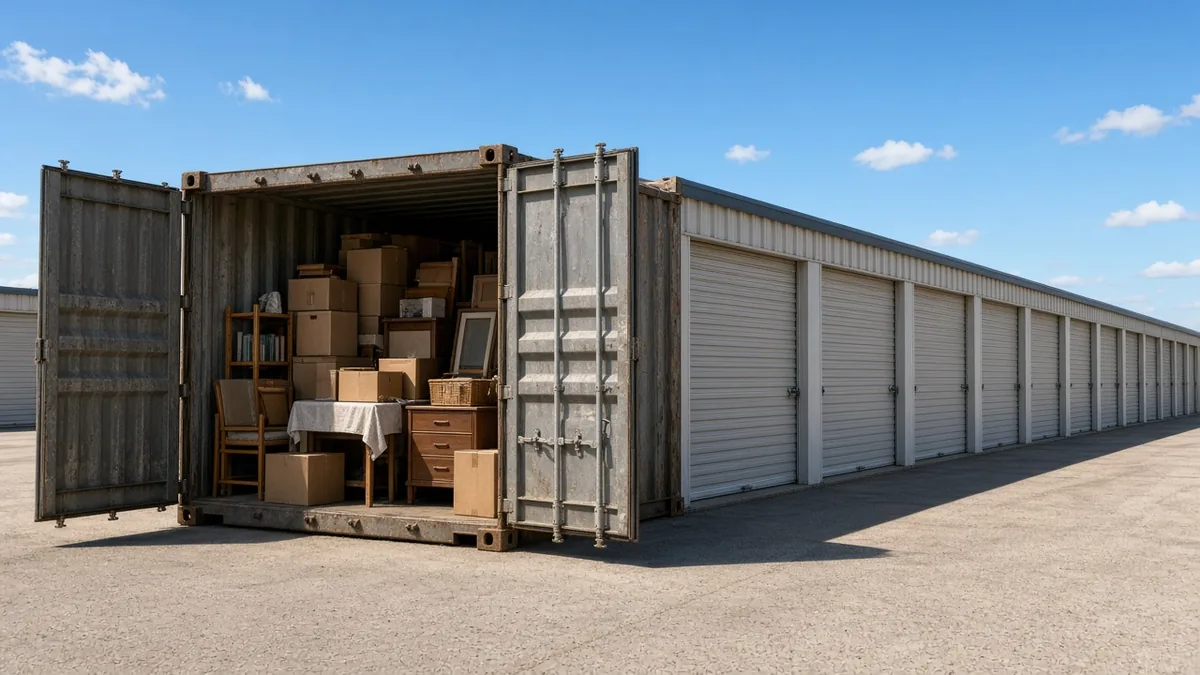 Open shipping container packed with boxes and furniture beside a row of roll-up storage units