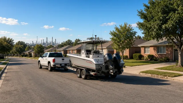 Pickup towing a fishing boat through a Pasadena, Texas neighborhood with refinery towers in the distance