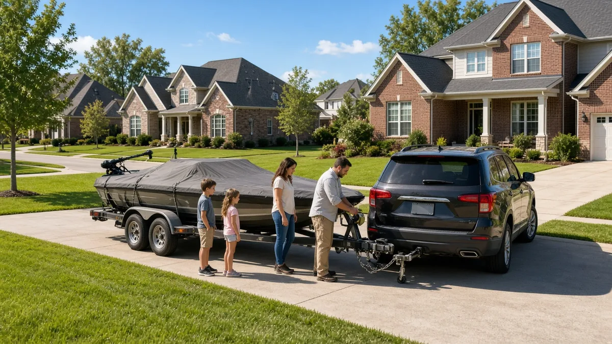 Family hitching a covered boat to an SUV in a Pearland area HOA neighborhood